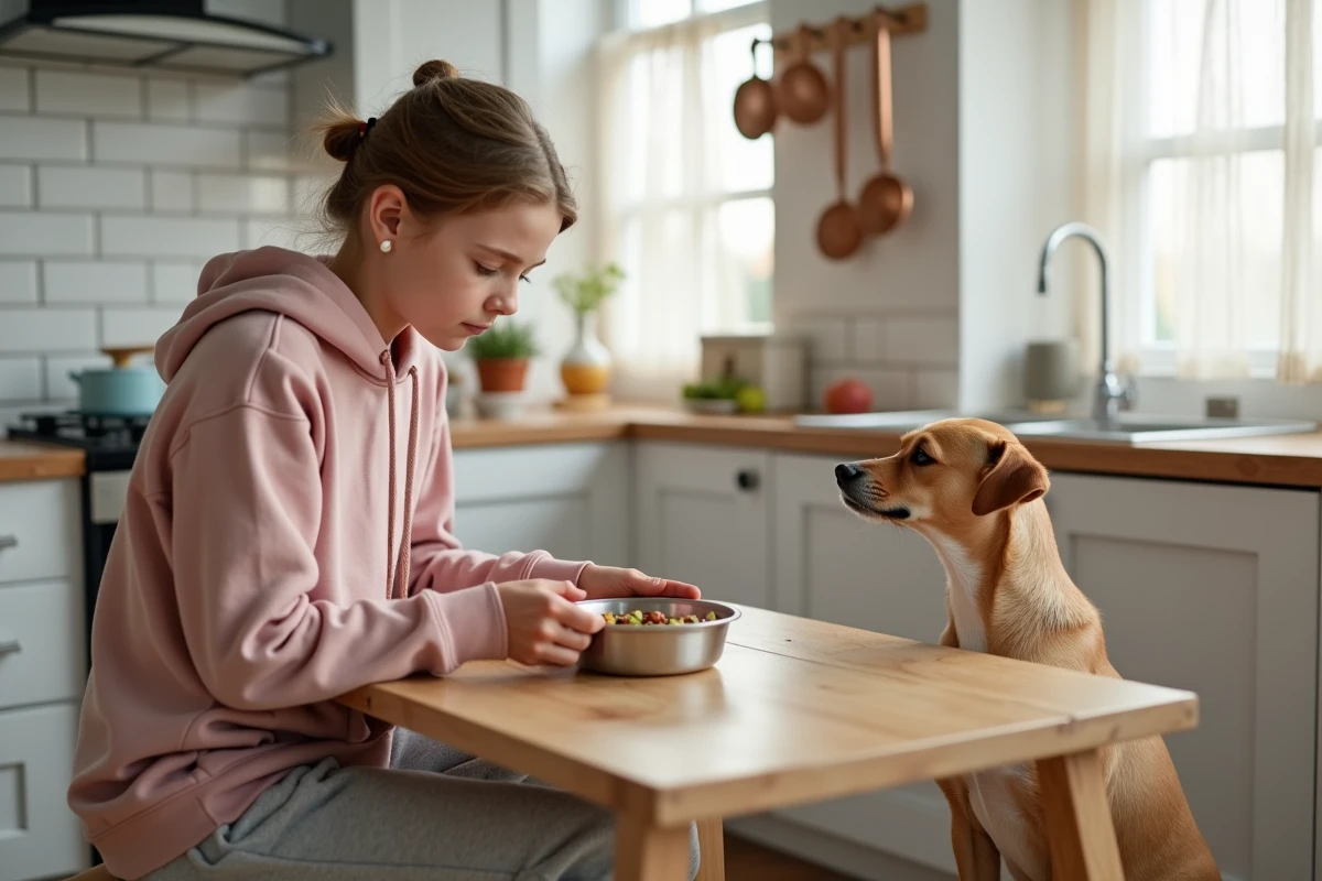 Adolescente préparant le repas équilibré de son petit chien dans une cuisine moderne, alimentation saine et bien-être animal