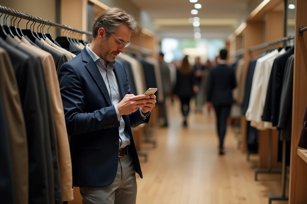 Homme consultant l'application de fidélité Galeries Lafayette sur son téléphone en faisant du shopping