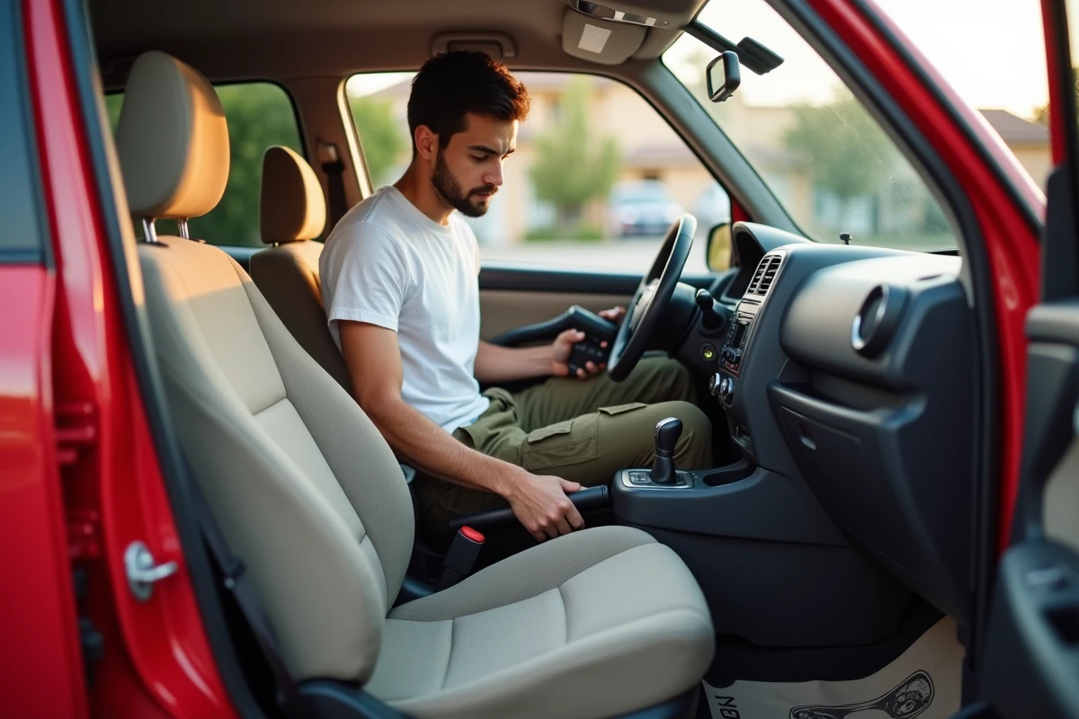 Jeune homme aspirant l'intérieur d'une voiture rouge compacte avec un aspirateur portable, portières ouvertes