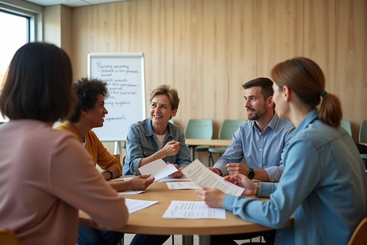 Groupe de parents participant à un atelier communautaire sur les ressources innovantes pour l'éducation des enfants
