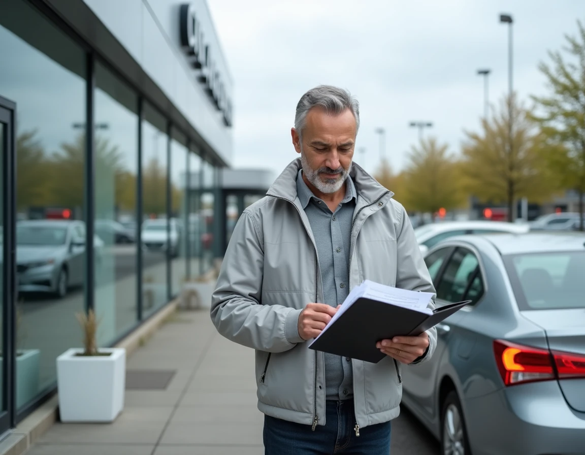 Automobiliste consultant ses démarches administratives sur smartphone devant un concessionnaire automobile