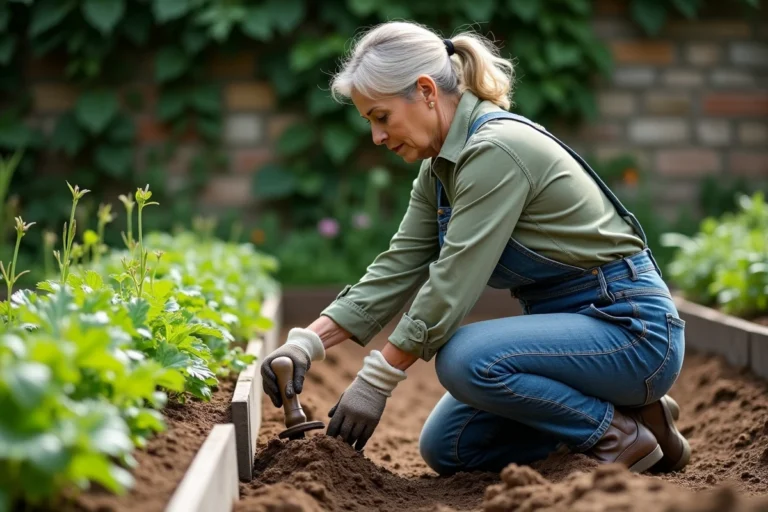 Femme binent le potager avec une binette entre des rangées de légumes dans un jardin en pleine terre