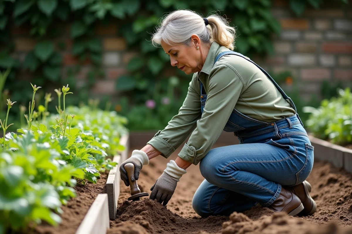 Femme binent le potager avec une binette entre des rangées de légumes dans un jardin en pleine terre