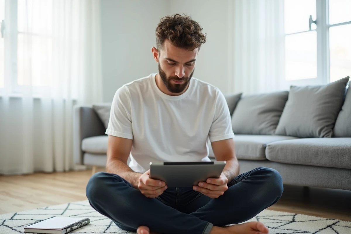 Jeune homme blogueur analysant ses statistiques sur une tablette dans un appartement moderne et minimaliste