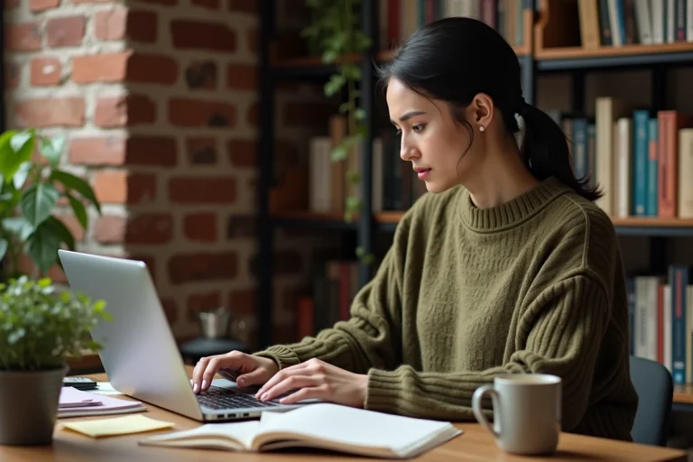 Femme blogueuse concentrée travaillant sur son ordinateur portable dans un bureau à domicile chaleureux avec des carnets et du café