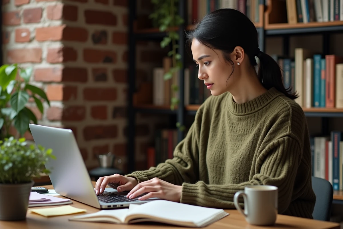 Femme blogueuse concentrée travaillant sur son ordinateur portable dans un bureau à domicile chaleureux avec des carnets et du café