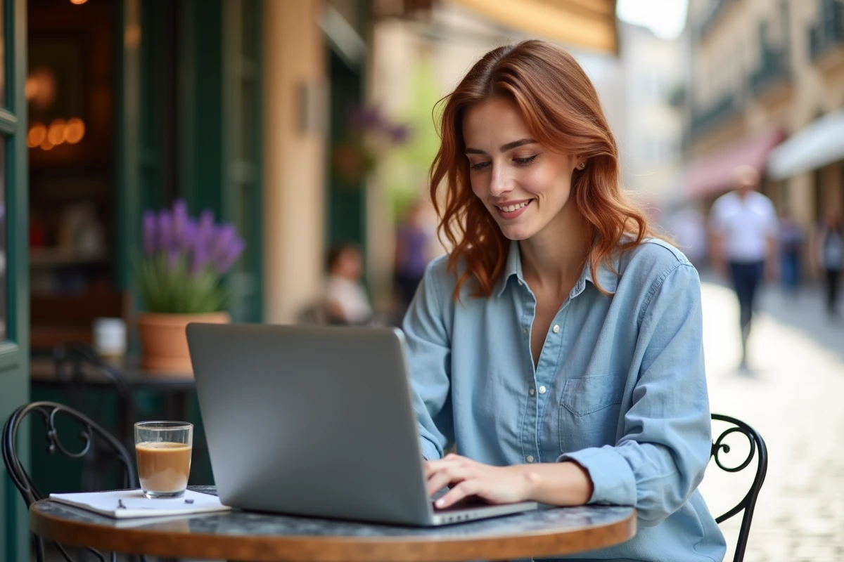 Blogueuse en terrasse de café parisien travaillant sur son ordinateur portable avec un carnet de notes et un café glacé
