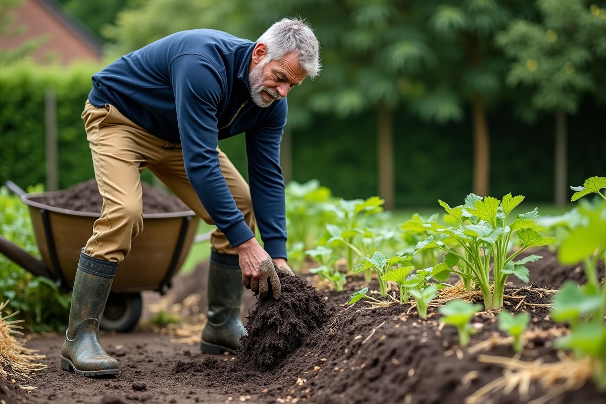 Homme en train de butter et pailler un potager avec du paillis organique autour de plants de courgettes