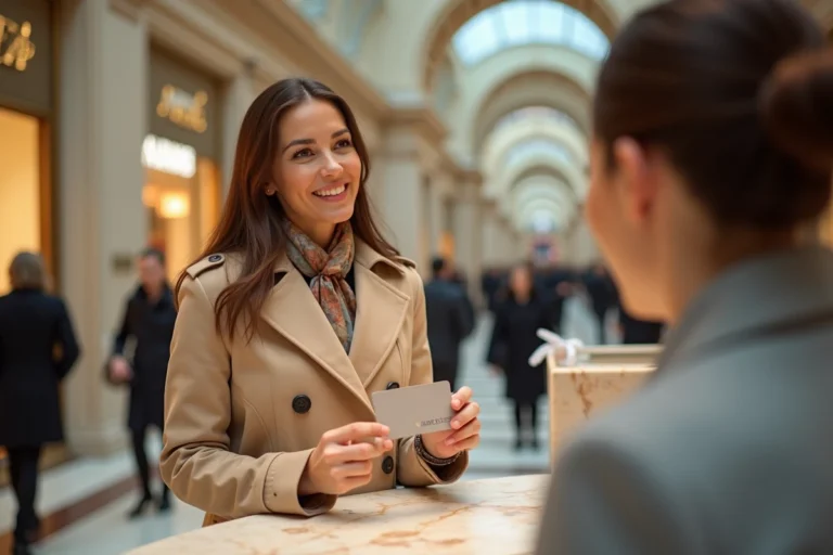 Femme utilisant sa carte fidélité Galeries Lafayette au comptoir d'un grand magasin parisien