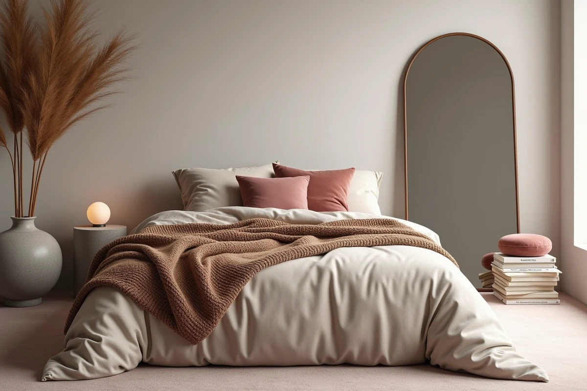 Chambre minimaliste tendance avec linge de lit en lin greige, jeté camel et miroir arqué