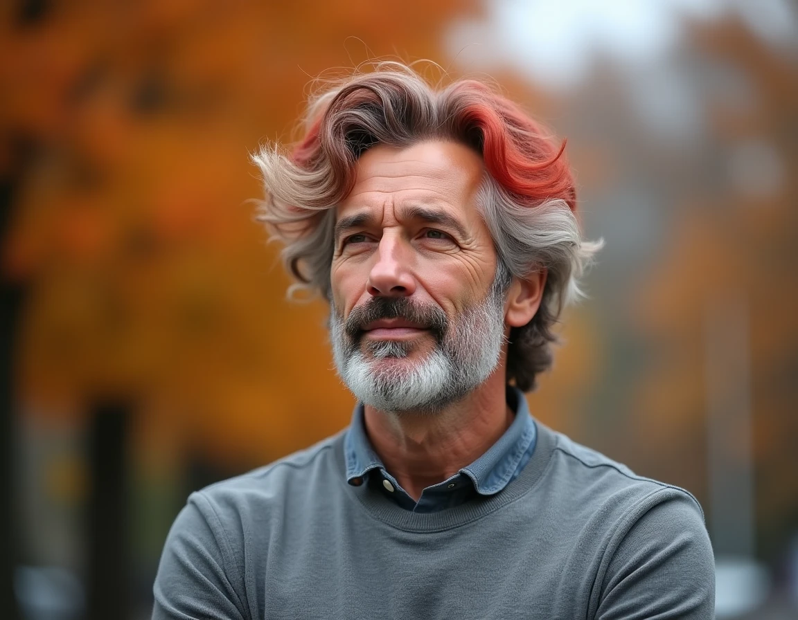 Homme aux cheveux roux et blancs mêlés dans un parc en automne, illustrant le blanchissement progressif des cheveux roux avec l'âge
