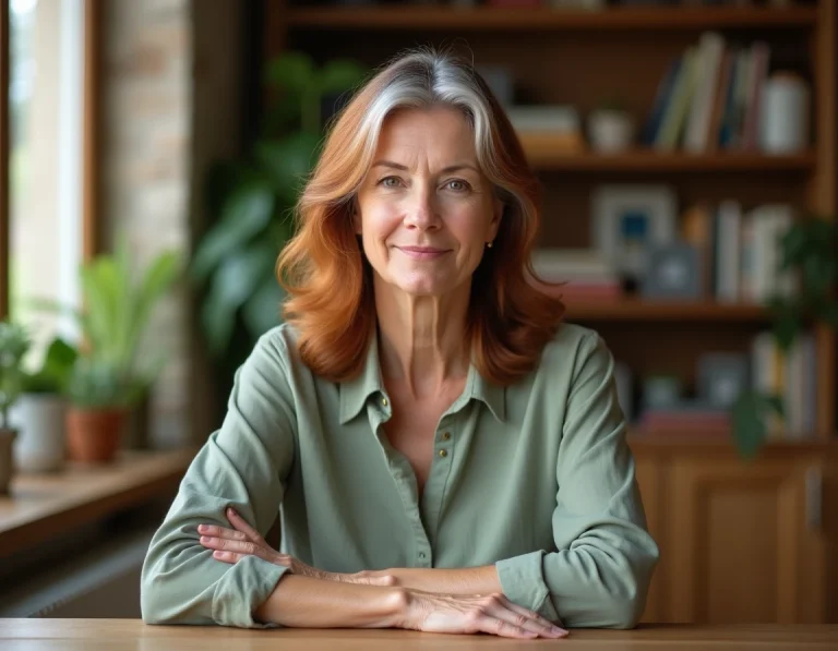 Femme d'une cinquantaine d'années aux cheveux roux naturellement grisonnants vers le blanc, portrait réaliste illustrant la transition capillaire liée à l'âge