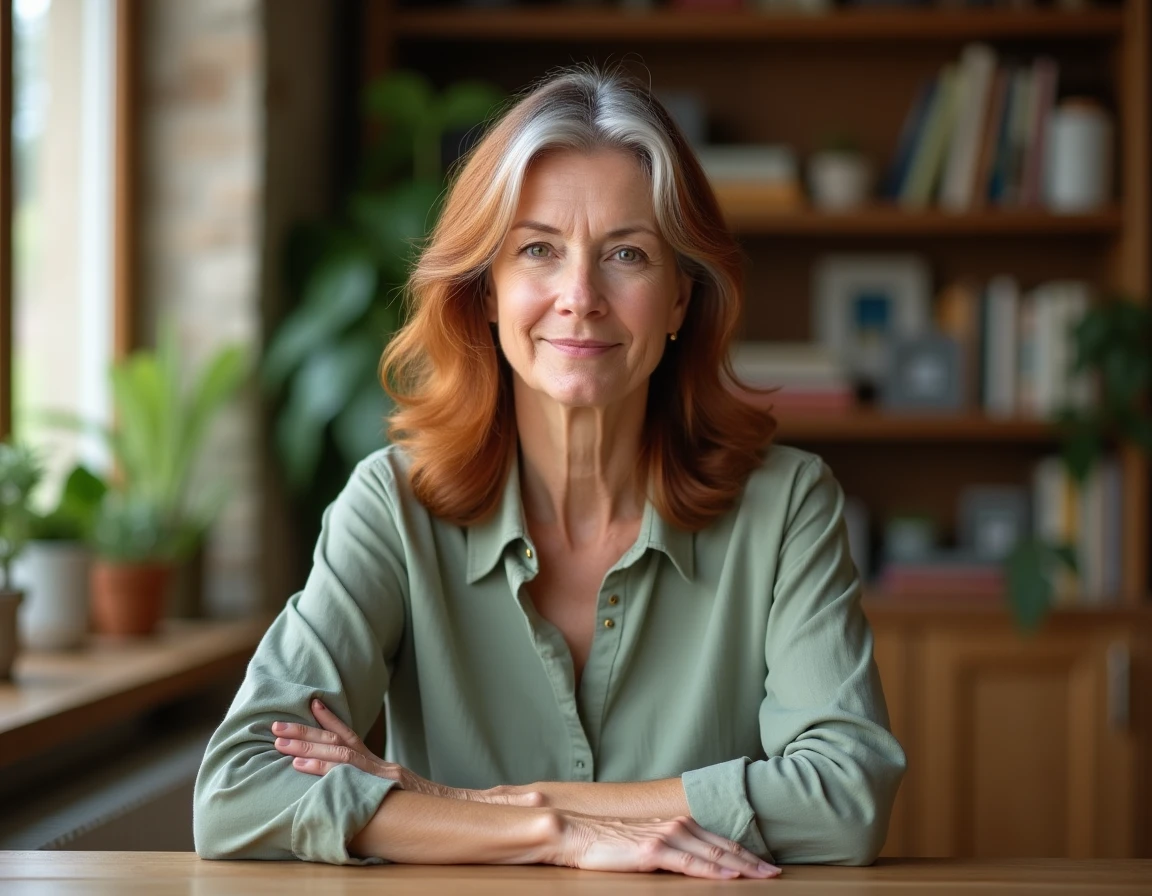 Femme d'une cinquantaine d'années aux cheveux roux naturellement grisonnants vers le blanc, portrait réaliste illustrant la transition capillaire liée à l'âge