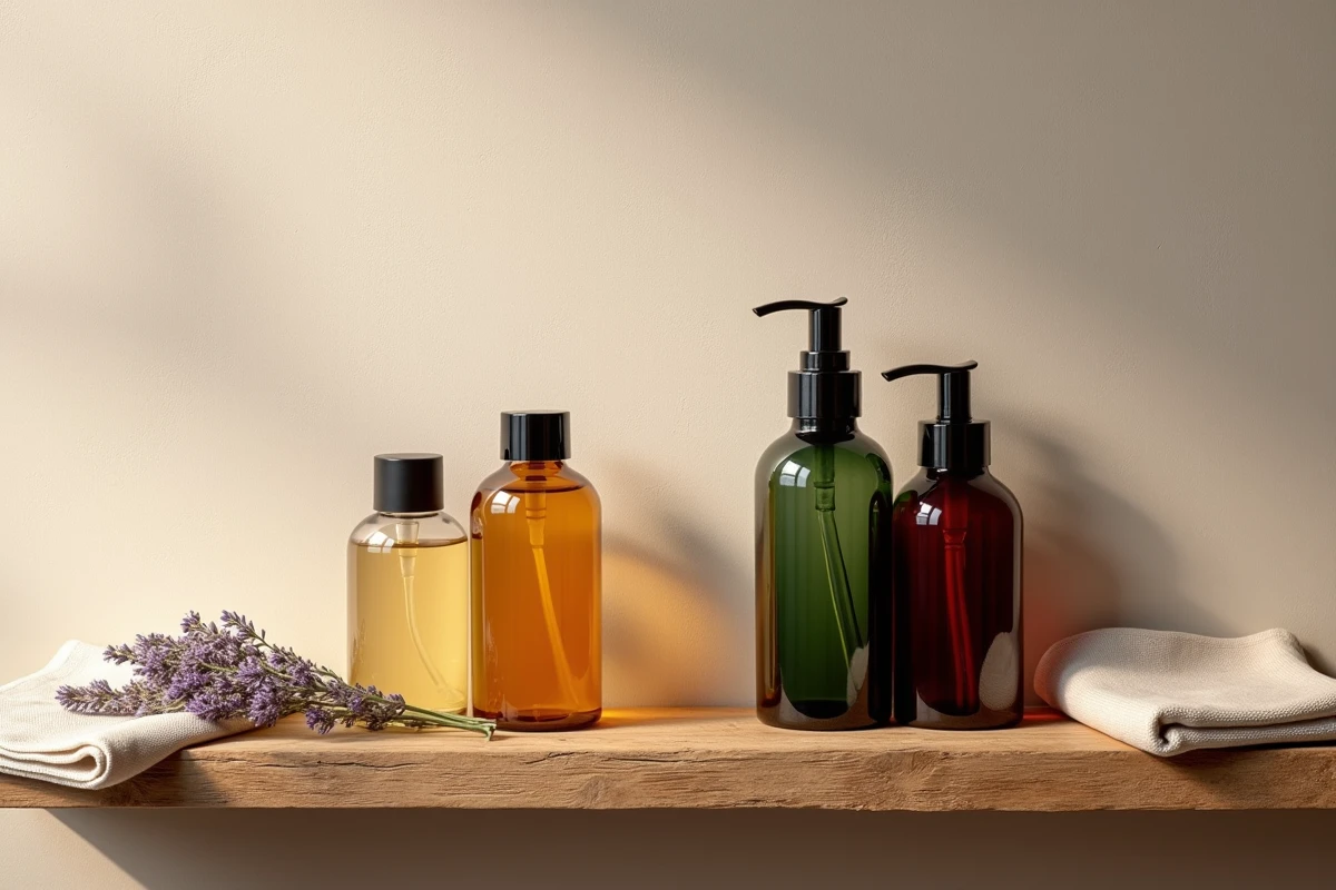 Deux gammes de produits de soin haut de gamme côte à côte sur une étagère en bois, style comparatif Nuxe Caudalie