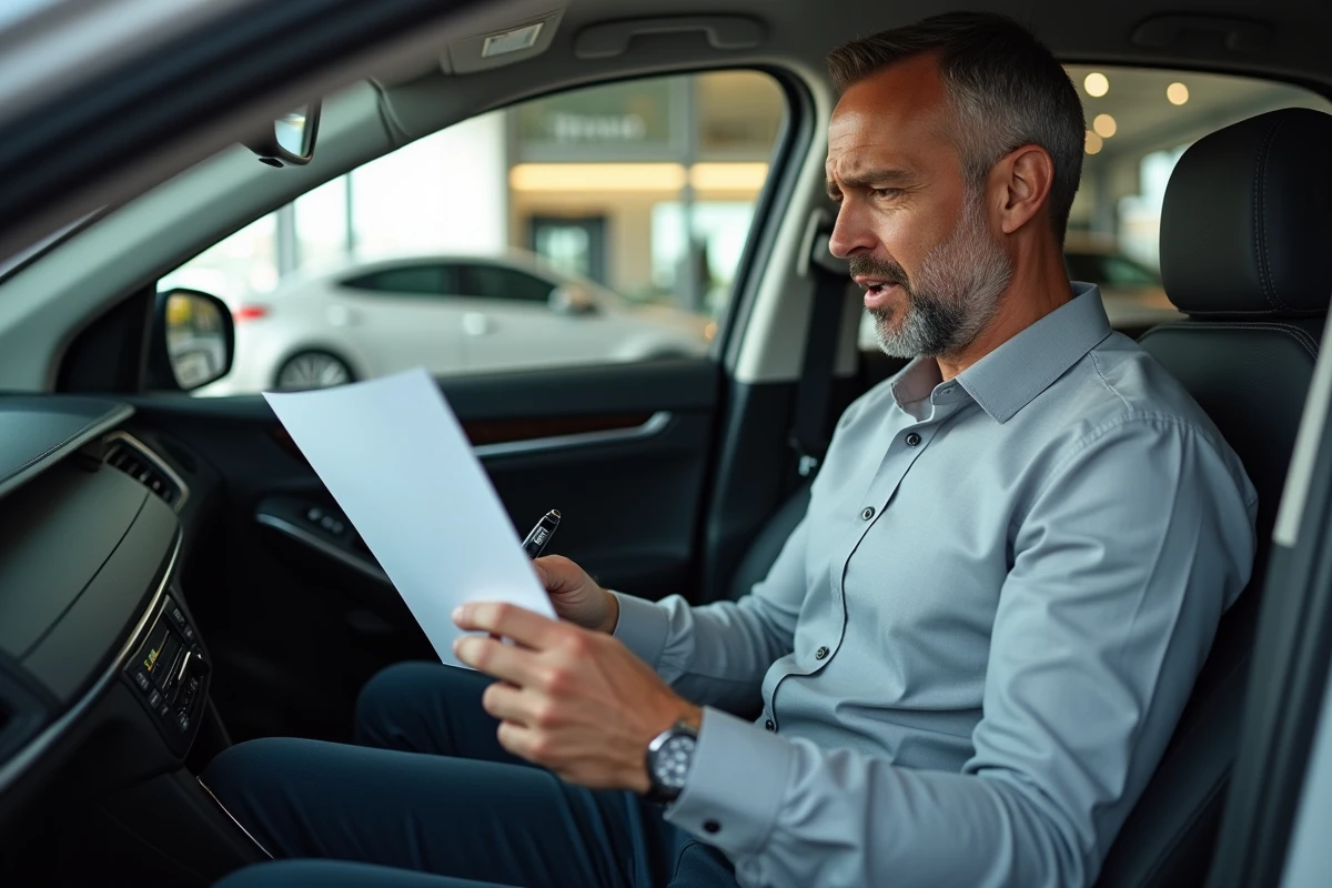 Condutor em traje profissional lendo um contrato de leasing automotivo dentro de um veículo em uma concessionária