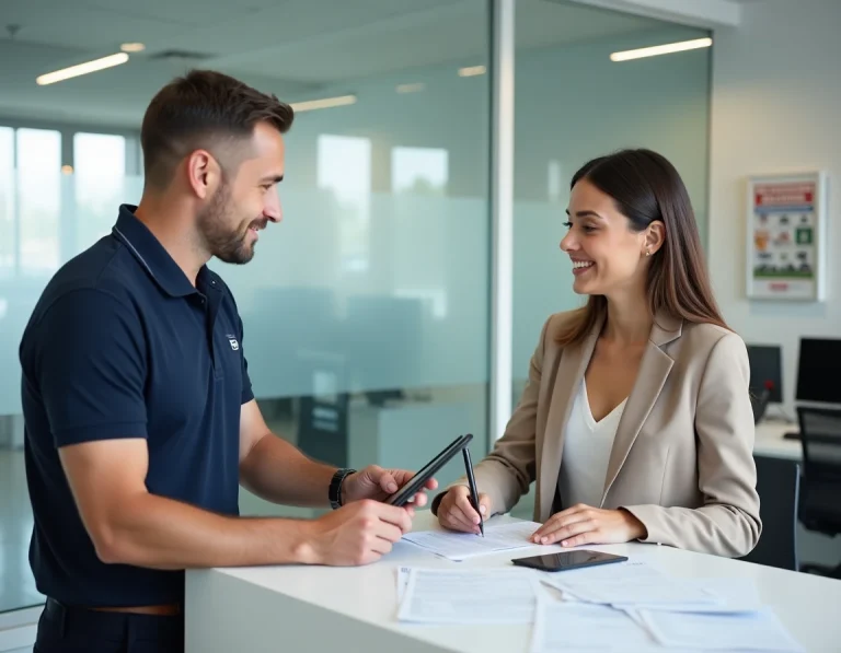 Conseiller automobile expliquant des démarches administratives à une cliente dans un bureau de service WD Car