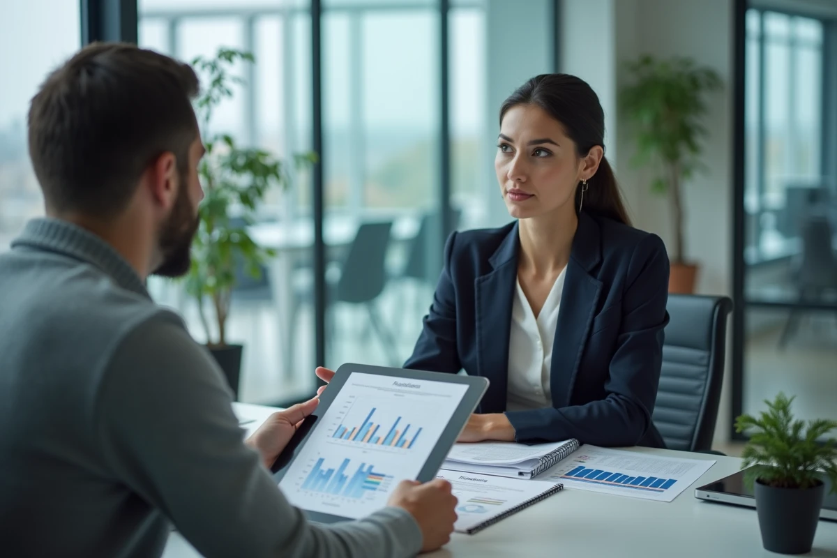 Conseillère immobilière présentant un dossier de financement à un client dans une agence moderne