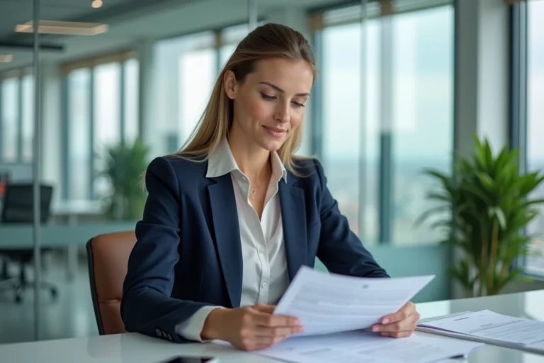 Conseillère immobilière débutante étudiant des documents dans une agence immobilière moderne