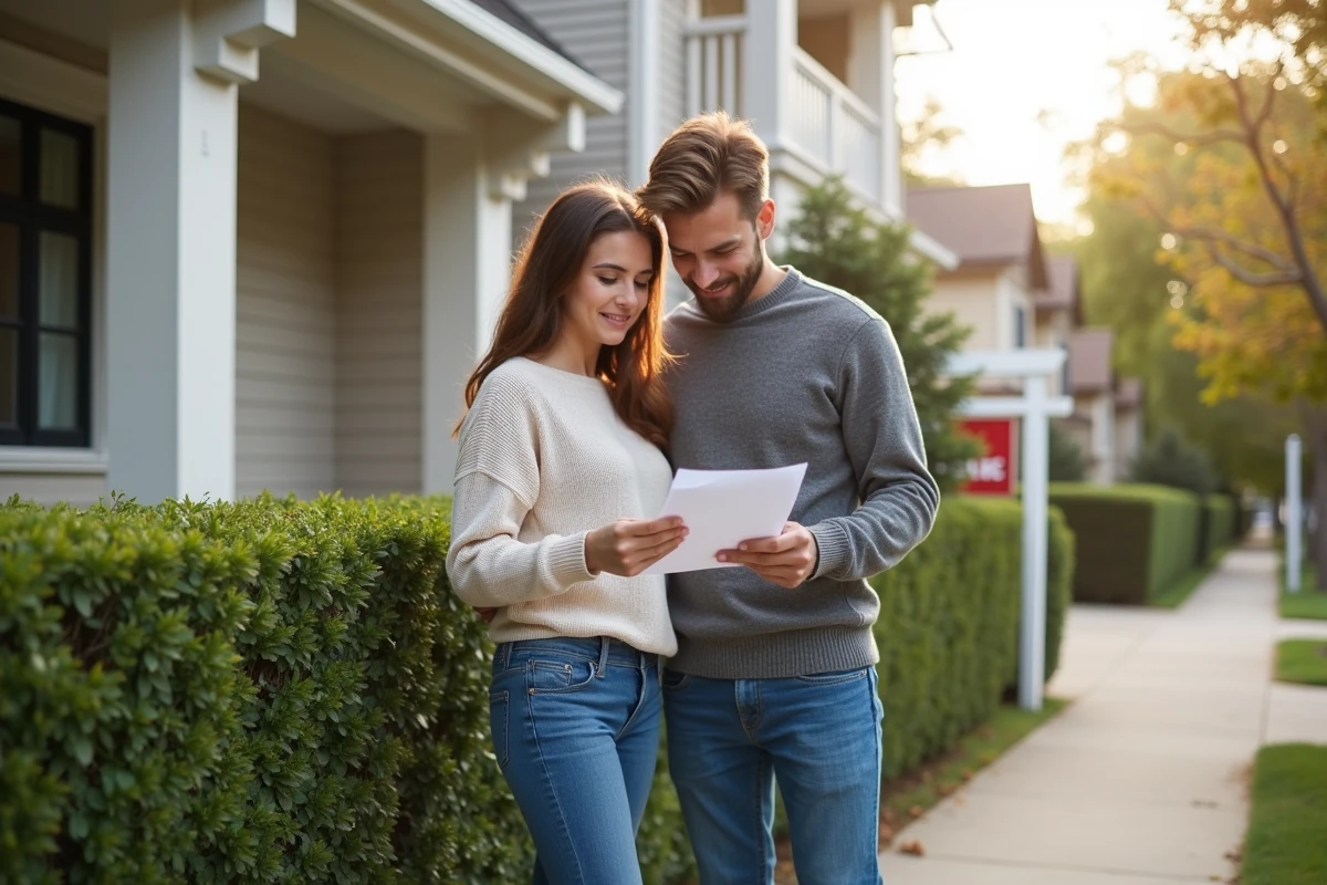 Couple de primo-accédants consultant une checklist devant une maison à visiter avec Liloo BSK Immobilier