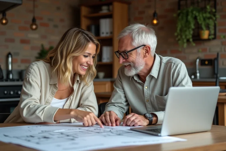 Couple étudiant des plans immobiliers et un site web de recherche de bien à acheter sur un ordinateur portable