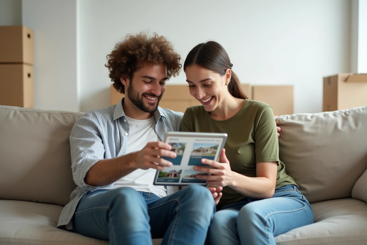 Couple cherchant un appartement à louer ensemble sur une tablette numérique dans un salon avec cartons de déménagement