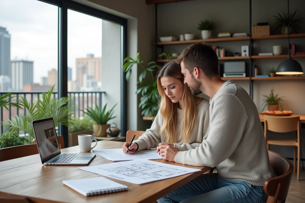Jeune couple étudiant des plans immobiliers dans un appartement moderne avec vue sur la ville