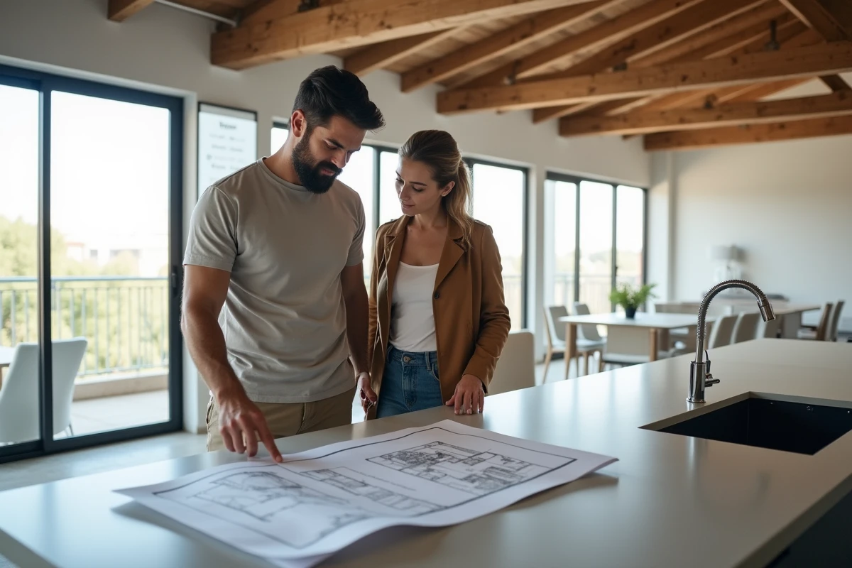 Couple examinant des plans de rénovation dans un appartement moderne à Lyon