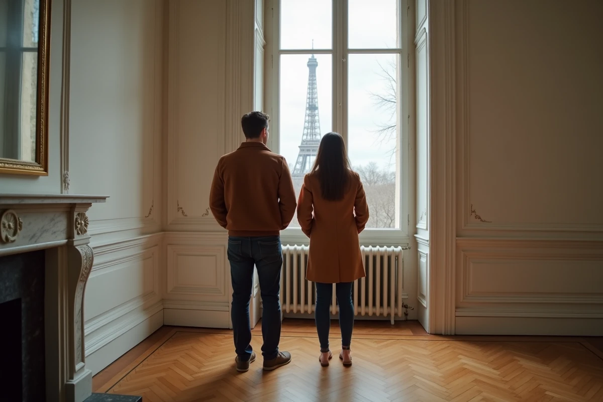 Couple visitant un appartement vide à louer à Paris avec parquet en chevrons et vue sur la Tour Eiffel