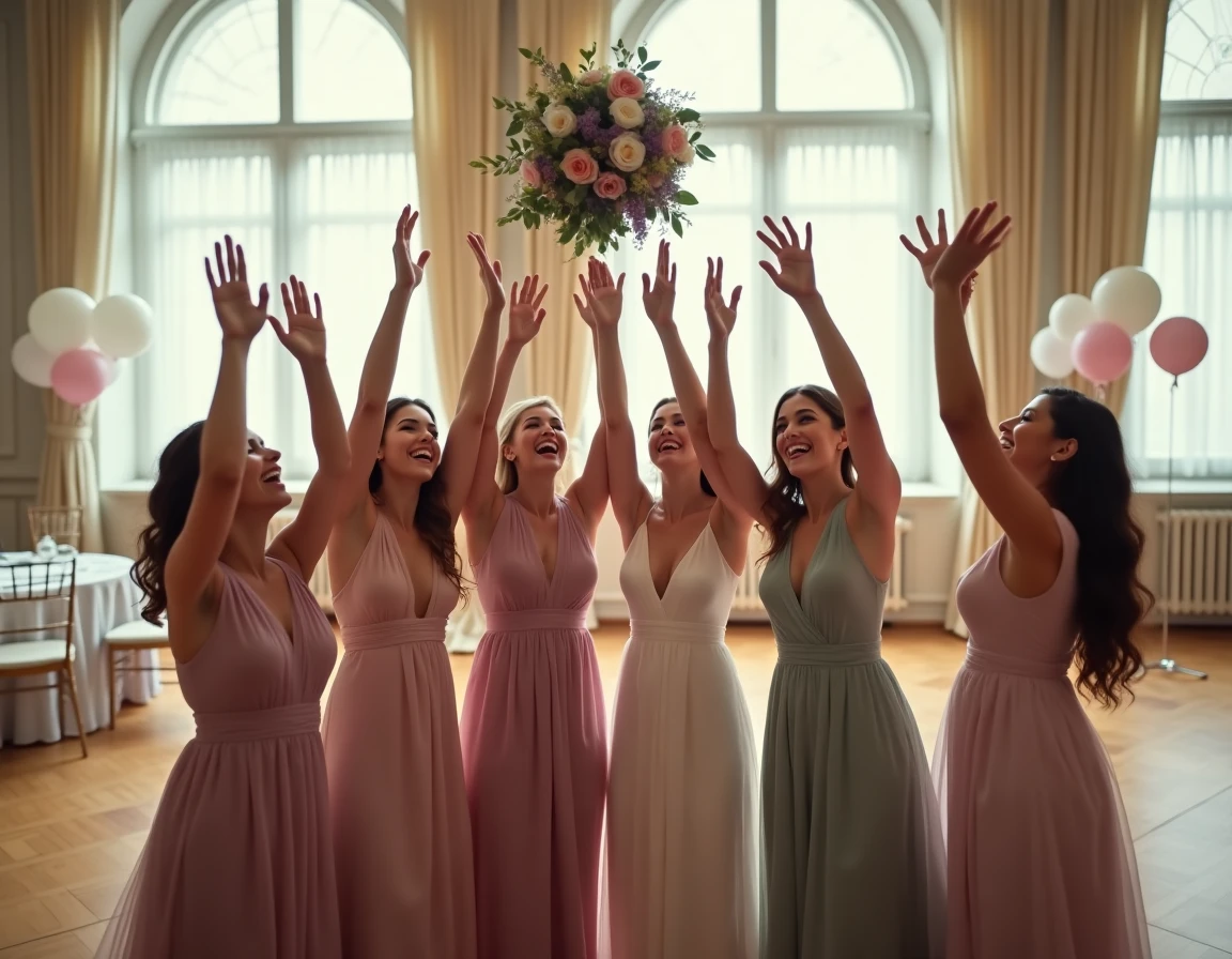Demoiselles d'honneur tendant les bras pour attraper le bouquet lors d'un lancer de bouquet en salle de réception de mariage