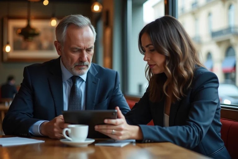 Homme et femme en affaires discutant au cafe