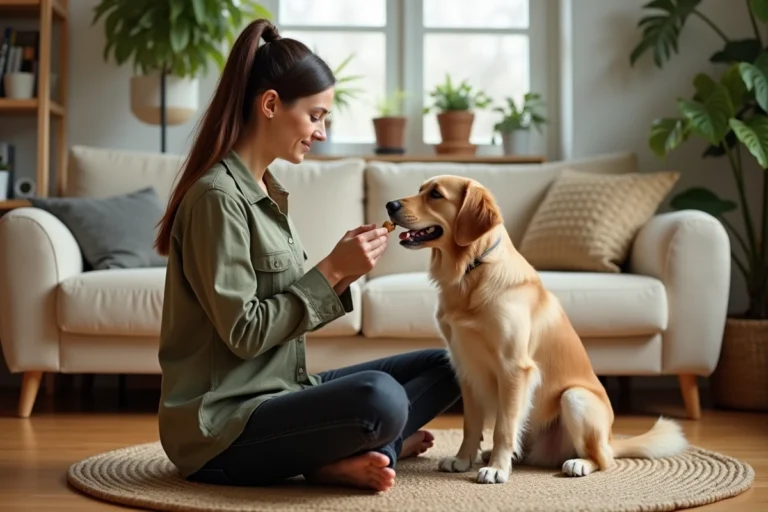 Femme entraînant son golden retriever avec une friandise dans un salon chaleureux, illustration du bien-être et de l'éducation des animaux de compagnie