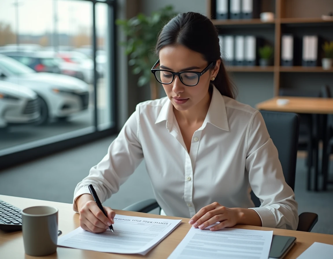 Employée administrative traitant des documents de transfert de carte grise dans un bureau de concessionnaire automobile