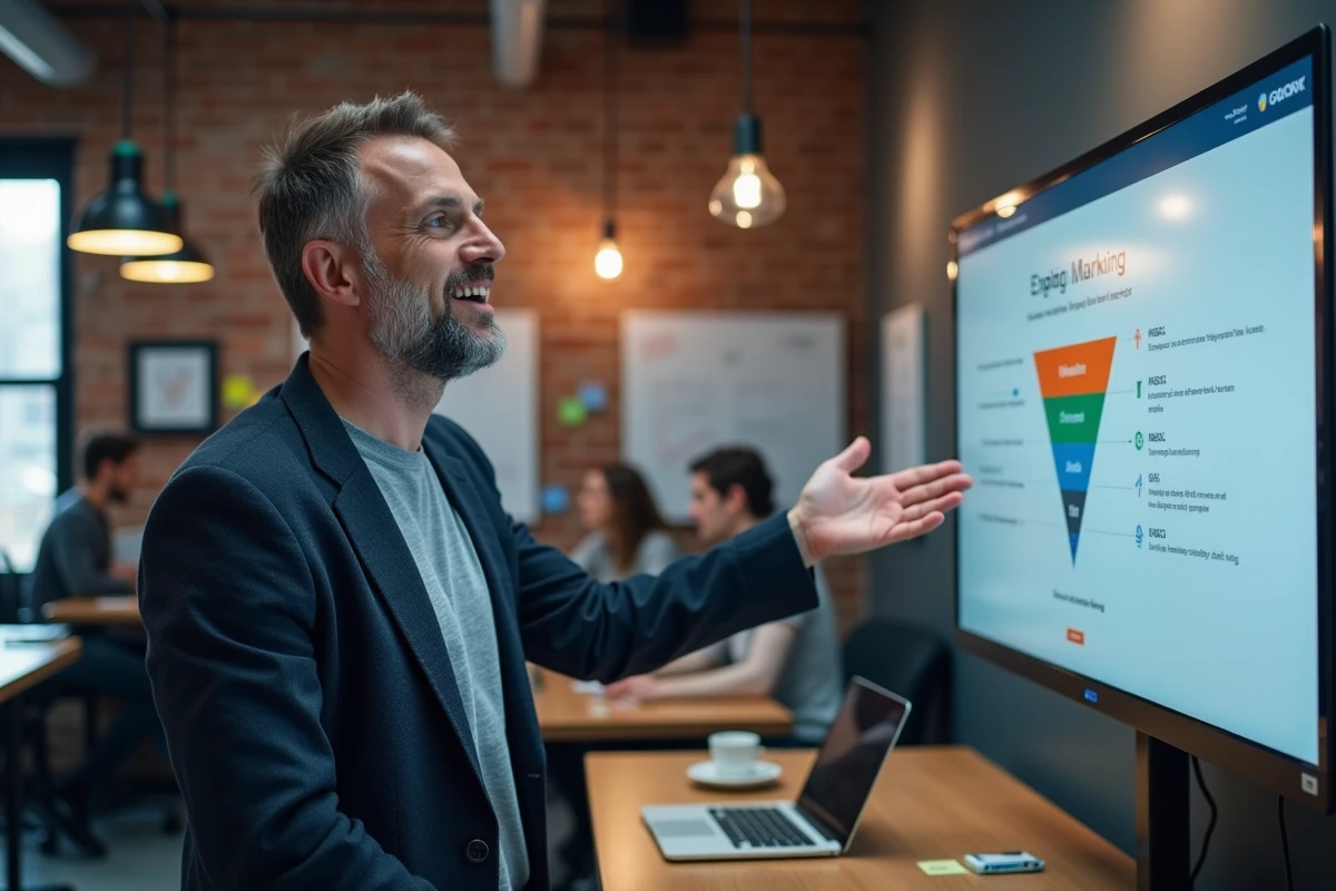 Homme entrepreneur présentant une stratégie de transition vers le business en ligne dans un espace de co-working moderne