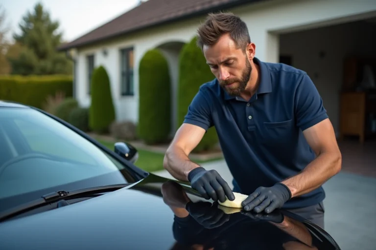 Homme appliquant de la cire sur le capot d'une voiture noire brillante dans une allée résidentielle propre
