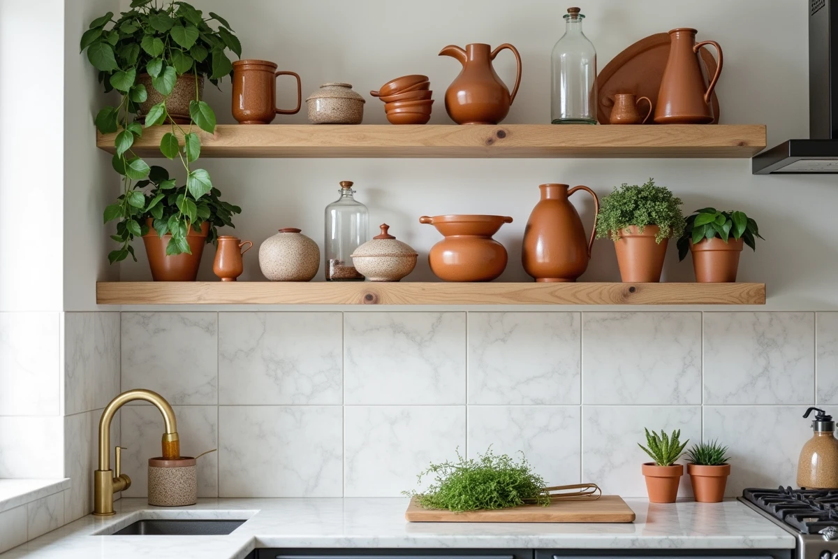 Étagères de cuisine en chêne avec poteries artisanales, carrelage zellige et plantes suspendues tendance déco