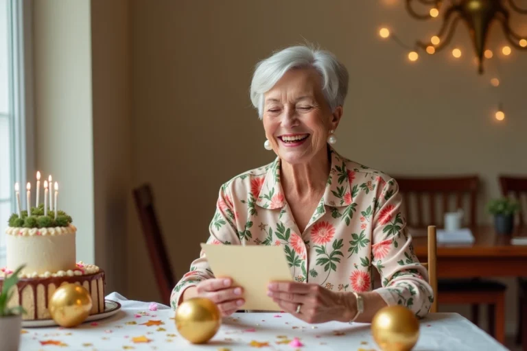 Femme de 70 ans souriante tenant une carte d'anniversaire drôle entourée de décorations festives