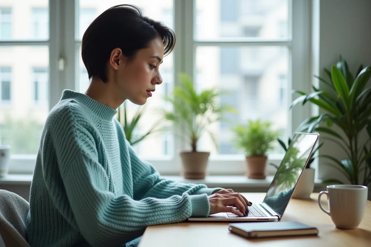 Femme parcourant les dernières actualités sur un ordinateur portable dans un bureau moderne à domicile
