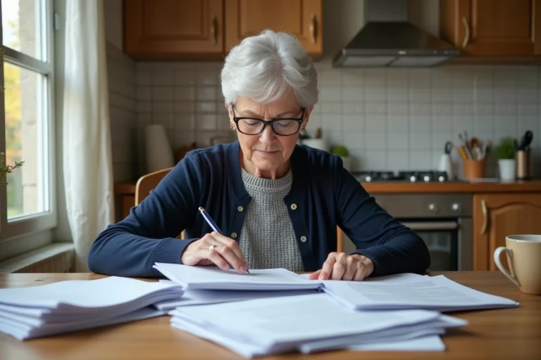 Une femme âgée organise ses documents administratifs pour une demande d'APA à la table de sa cuisine