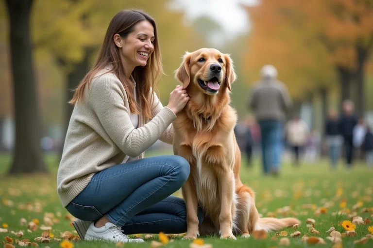 Femme souriante avec un retriever dans un parc urbain