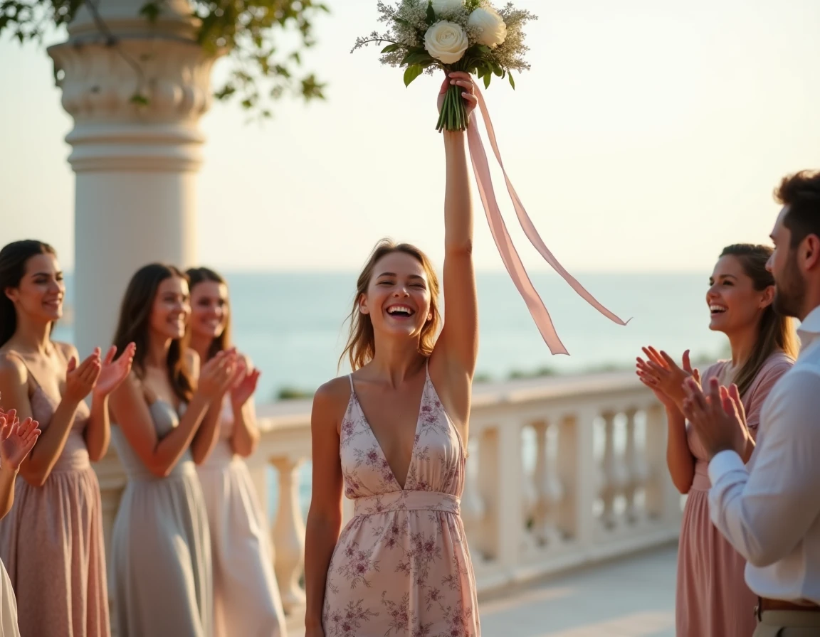 Jeune femme heureuse tenant le bouquet de la mariée après l'avoir attrapé lors d'un mariage en bord de mer