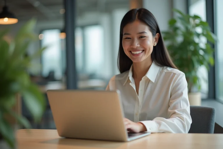 Jeune femme souriante utilisant un ordinateur dans un bureau moderne