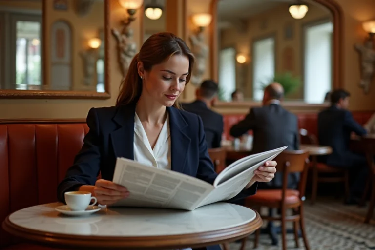 Femme française lisant un journal dans un café parisien classique, illustrant l'actualité et la culture française