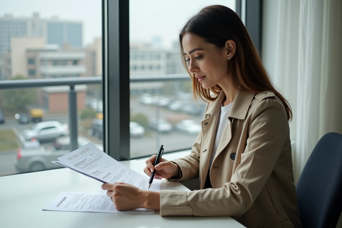 Femme examinant des documents dans un appartement moderne