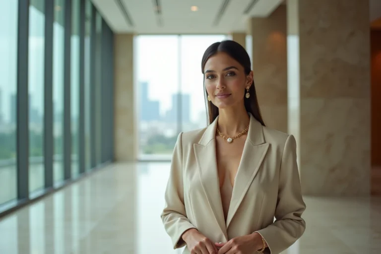 Femme élégante d'origine moyen-orientale en blazer beige dans un hall d'immeuble de luxe symbolisant succès et fortune