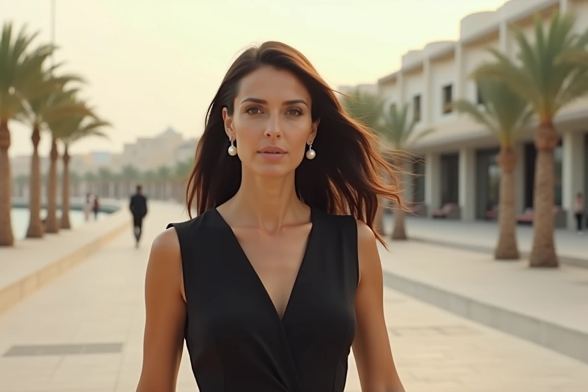 Femme élégante marchant sur une promenade dans une ville du Golfe illustrant le parcours et l'origine de Loujain Adada