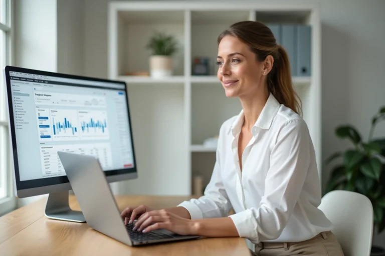 Femme entrepreneur travaillant sur son business en ligne depuis un bureau à domicile moderne avec laptop et tableaux de bord analytiques