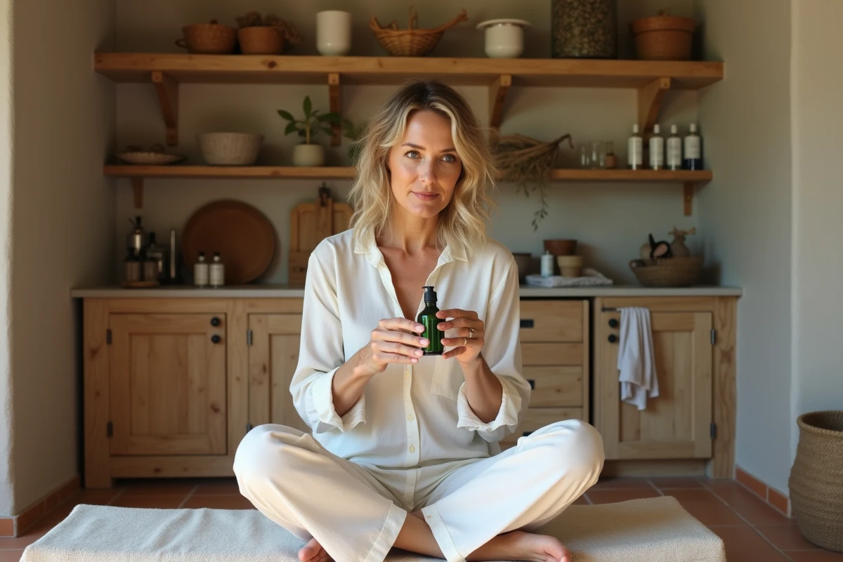 Femme mature lisant l'étiquette d'un produit cosmétique naturel dans une cuisine provençale, routine beauté consciente