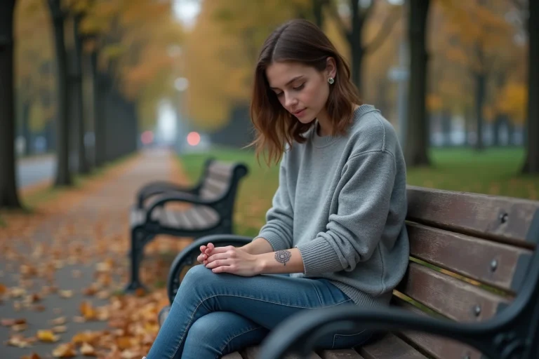 Jeune femme regardant son tatouage mandala dans un parc automnal
