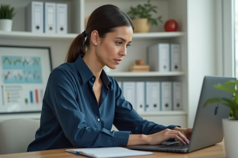 Femme naviguant sur le plan du site Planet Argent depuis un bureau à domicile