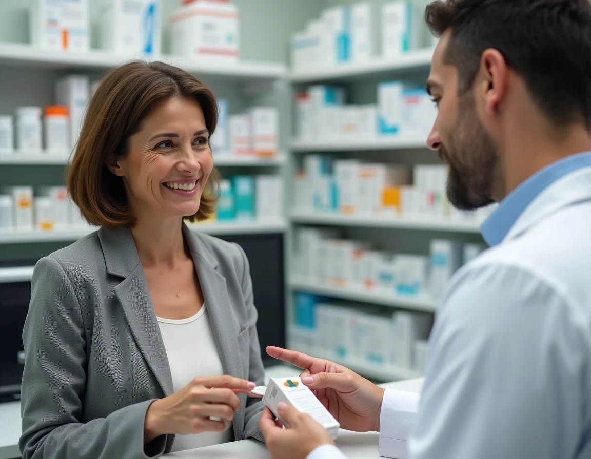 Femme discutant avec un pharmacien des interactions entre bêta-bloquants et alcool au comptoir d'une pharmacie